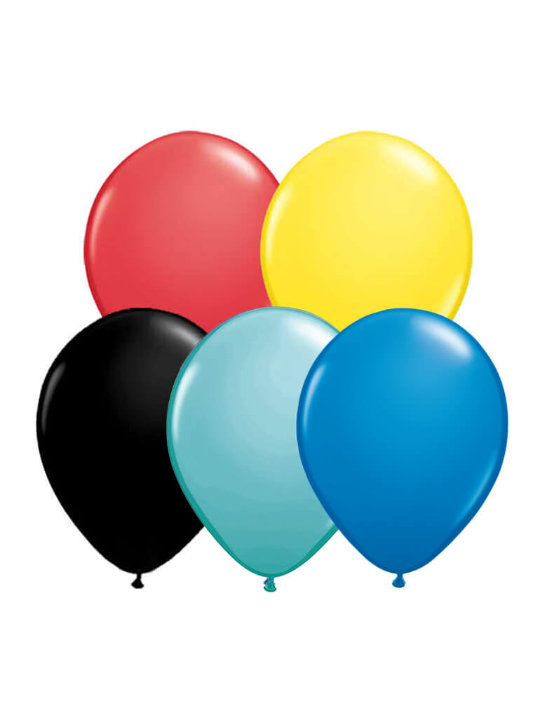 Momo Party Superhero 2.0 Latex Balloon Mix. Set of 12, including 3 of 11 inches red, dark blue and caribbean blue balloons; 2 of each yellow and black balloons