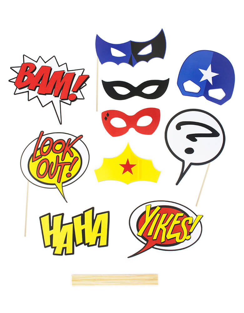 My Minds Eye - Paper Love Comic Pop Photo Props. This Superhero Party Activity Comic Action Photo Props kit contains 10 unique props and 10 display sticks.
