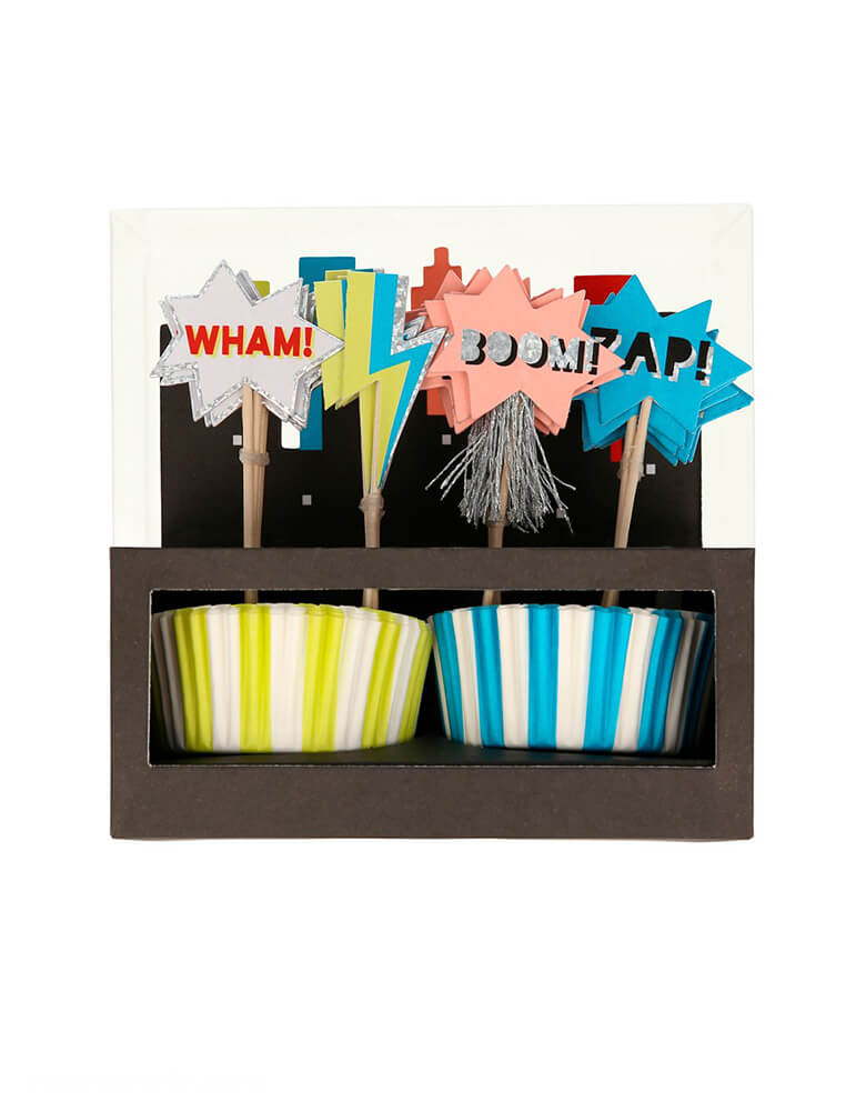 Meri Meri Superhero Cupcake Kit. It features striped cases, in 2 colorways: neon yellow and blue, and toppers with bright colors and embellishments of comic words of "Zap!", "Wham!", "Pow!" "Boom!" and lighting bolt. They're perfect to decorate your cupcakes for a superhero themed party!