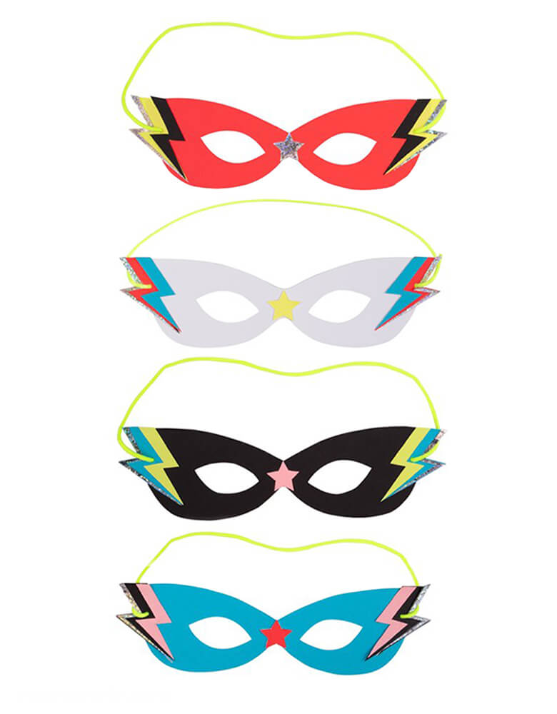 Meri meri Superhero Masks. Party guests can instantly transform into superheroes with these fabulous masks. Featuring bright neon colors and sparkly silver holographic foil details, with lightning bolt on the side, and stars in the middle of the glasses design. They're great to pop into party bags too.