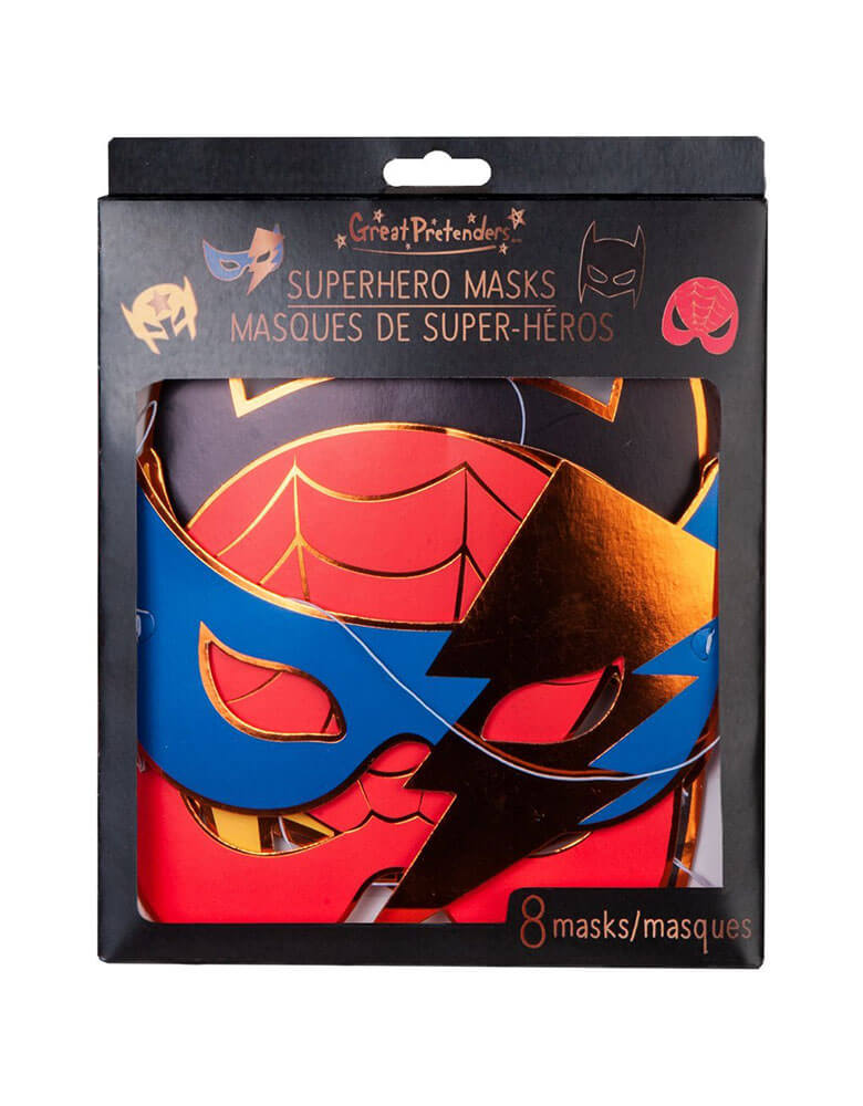 Great Pretenders - Superhero Party Masks.   Pack of 8 in 4 designs. The perfect dress up for your heroic superhero party. Inspired by popular superheros each mask is highlighted with a flashy metallic copper trim. 