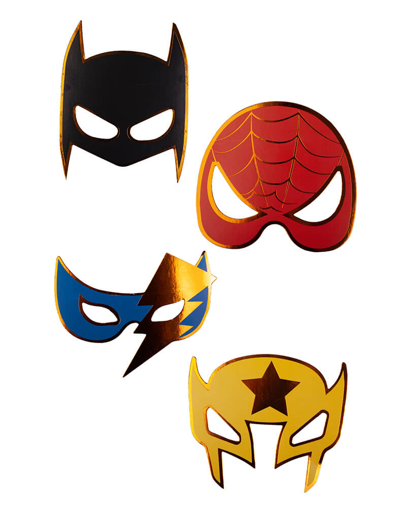 Superhero-Party-Masks by Great Pretenders. Pack of 8 in 4 designs. The perfect dress up for your heroic superhero party. Inspired by popular superheroes each mask is highlighted with a flashy metallic copper trim.