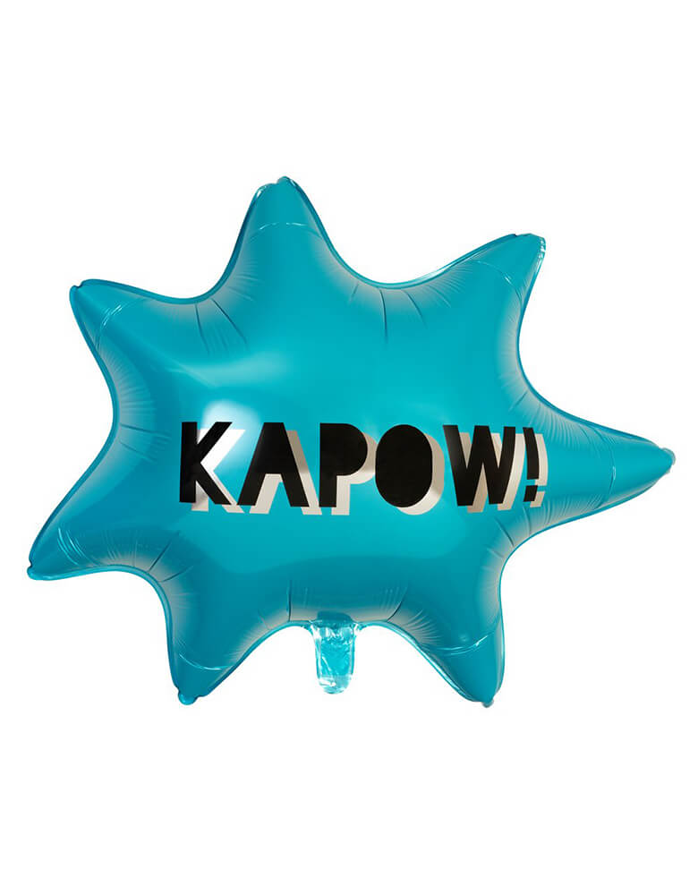 Meri Meri Superheroes Foil Balloon. This 23 inches COMIC WORDS shaped balloon with "kapow!" text in the middle with Shiny silver foil details on a blue color foil balloon, with  base Neon yellow cord for hanging, his wonderful balloon will make a statement decoration at a superhero party. It's great to hang in the bedroom for a 3D colorful look too.