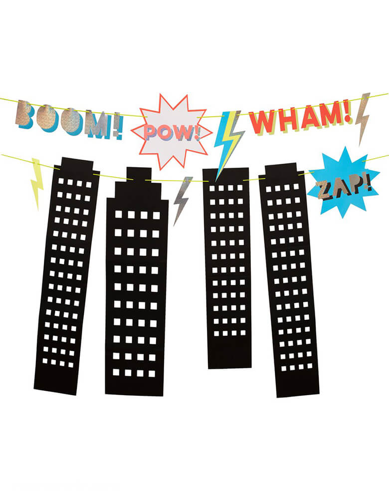 Meri Meri Superhero Party Decoration Garland. Featuring bright colors and  Sparkly silver holographic foil details of fun statements "Boom!, Pow, Wham! and Zap!", Black towering skyscrapers with cut out windows on the Neon yellow cord for hanging,  this 2 Pre-strung garlands will delight your party guests. 