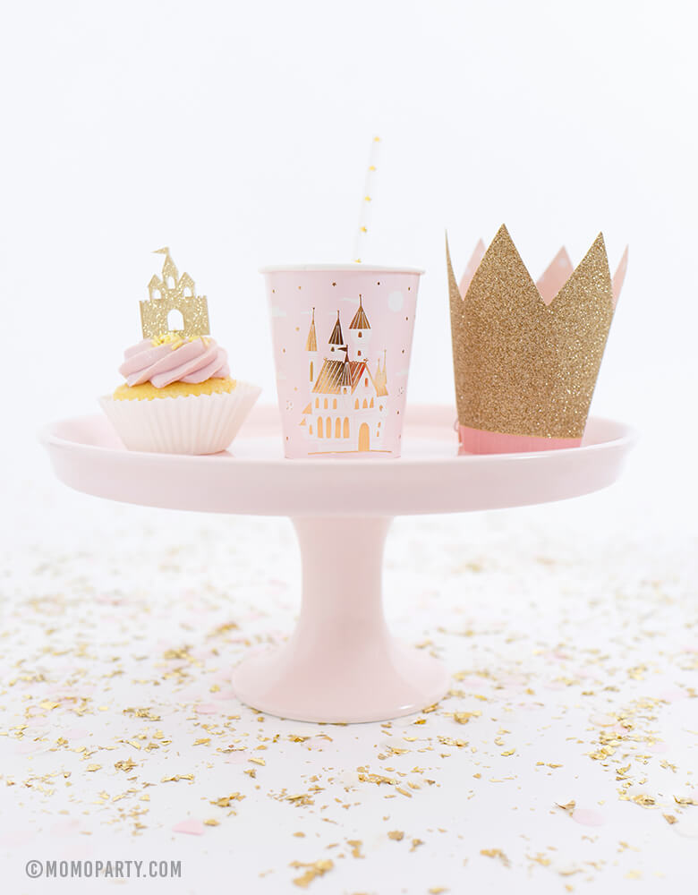 Sweet Princess party ideas of pink cupcake with Castle CupcakeTopper, Day dream socity princess Cup and Princess Crown Party Hat