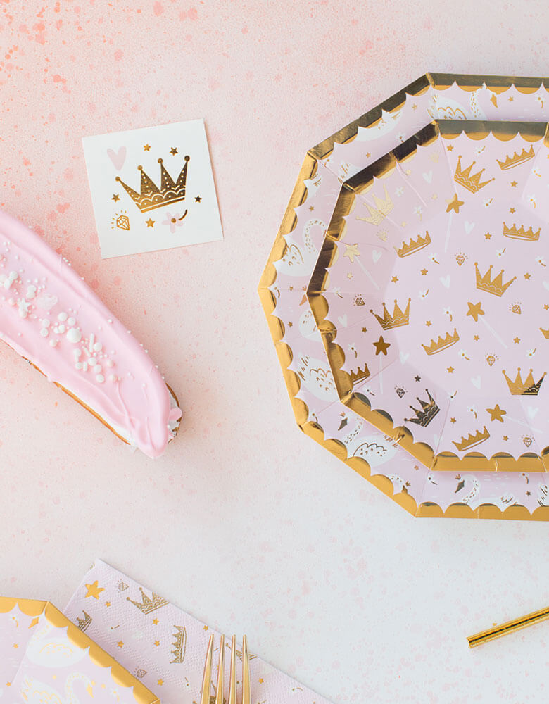 Daydream Society Sweet Princess Collection plates with temporary tattoos in a crown design for girl's princess themed party