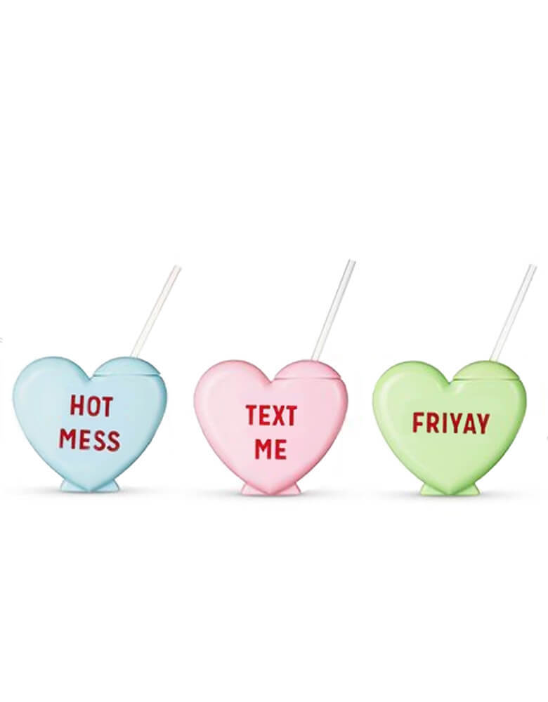 Momo Party's Sweet-Talker-Conversation-Heart-Tumblers by True Brand Blush. There are Blue Tumbler with "Hot Mess" text, Pink Tumbler with "Text Me" text and green tumbler with "Friyay" text. Have a heart-to-heart, and say it with a drink. These playful tumblers are a great way to get the party and the conversation started; straw included.
