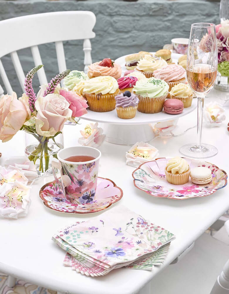 Talking Tables Blossom Girls Cup and Saucer Set with beautiful floral and butterfly designs with gold foil accents   Talking Tables Blossom Girls Party Supplies on a beautiful party table setup 