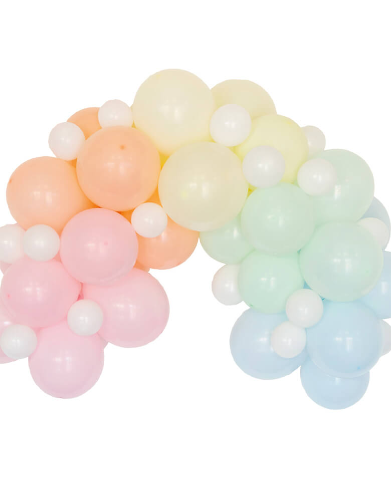 Pastel Balloon Arch Kit by Talking Tables. This DIY balloon kit contains:  60 balloons: 20x 5" White, 8x 12" Yellow, 8x 12" Blue, 8x 12" Green, 8x 12" Pink and 8x 12" Orange. 20 glue dots Balloon decorating tape 2m paper ribbon Instructions and top tips sheet. This pastel balloon arch kit is perfect as an entrance or statement photo wall for any celebration including a birthday party, baby shower or wedding.