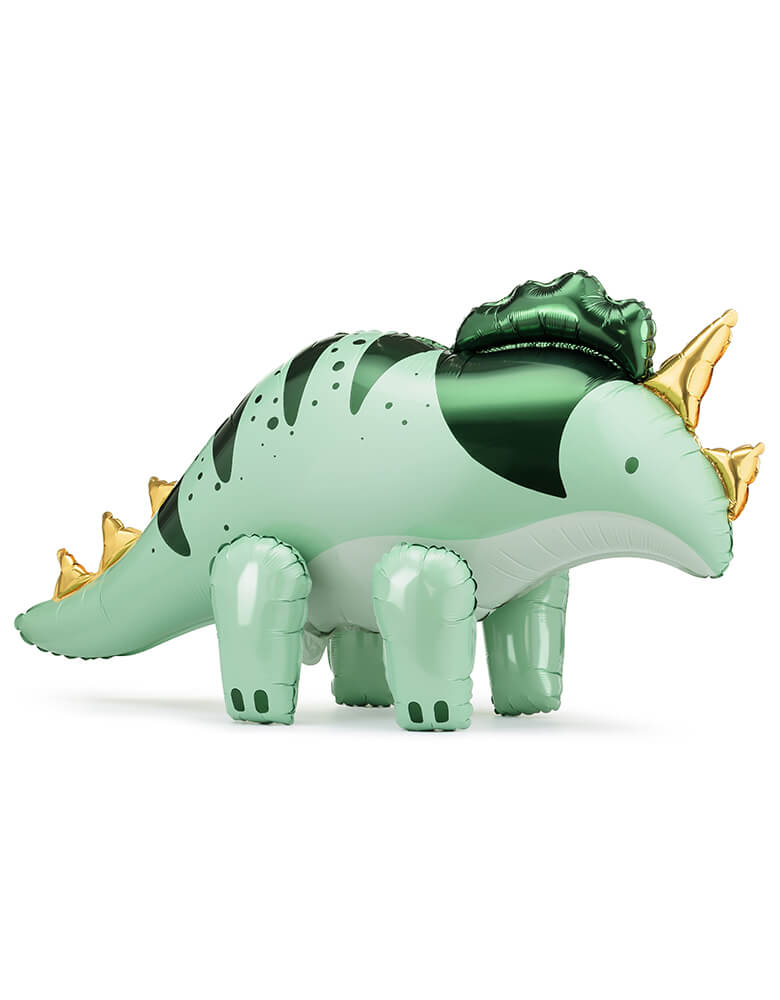 Momo Party's 40 x 24" standing Triceratops Foil Balloon by Party Deco. With a soft green shade and gold foil accents, it's perfect to set a scene for kid's dinosaur themed birthday party.