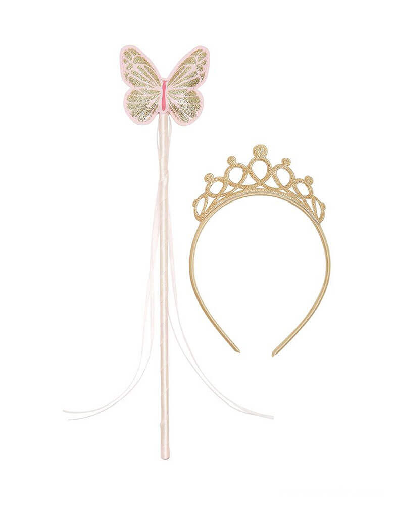 Fairy Wand and Tiara Fancy Dress Accessory by Talking Tables. This gold glitter tiara and pink fairy wand set makes the perfect birthday gift for a little girl or dress up costume accessory! Great for a kid's princess or fairy themed party to make the birthday girl or boy feel special.