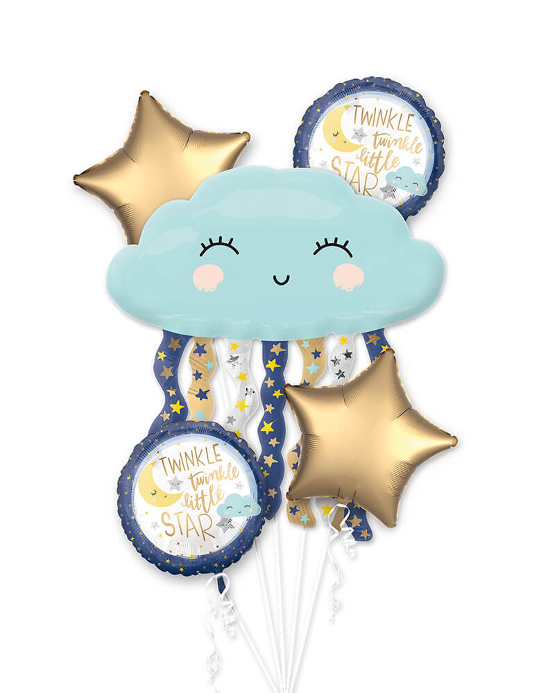 Anagram Balloons - 38507 Twinkle Little Star Bouquet foil Balloon. Create a star-studded baby shower with this Twinkle Twinkle Little Star Balloon Bouquet! This five-piece baby shower balloon bouquet features a giant foil balloon shaped like a cloud that's raining stars as the focal point. Two blue and white balloons displaying a "Twinkle Twinkle Little Star" headline and two gold star-shaped balloons complete this baby shower balloon bouquet.