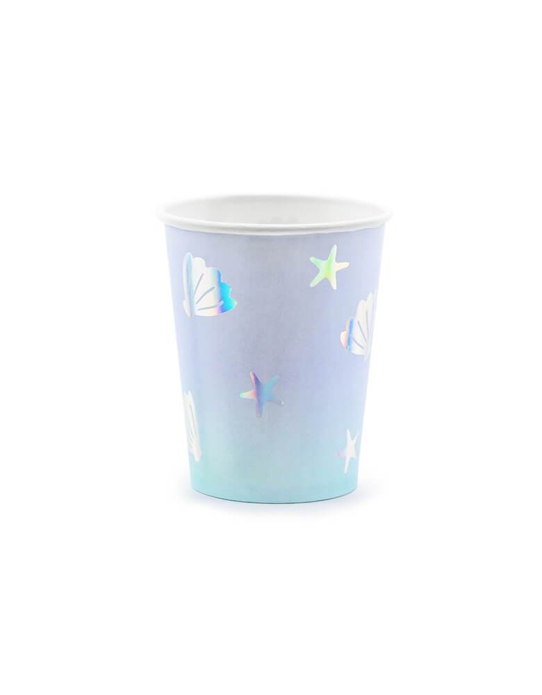 Party Deco 7.4 oz Under The Sea Ombre Cups. Featuring Beautiful pastel blue and lilac ombre cups with shell and star shape iridescent details.
