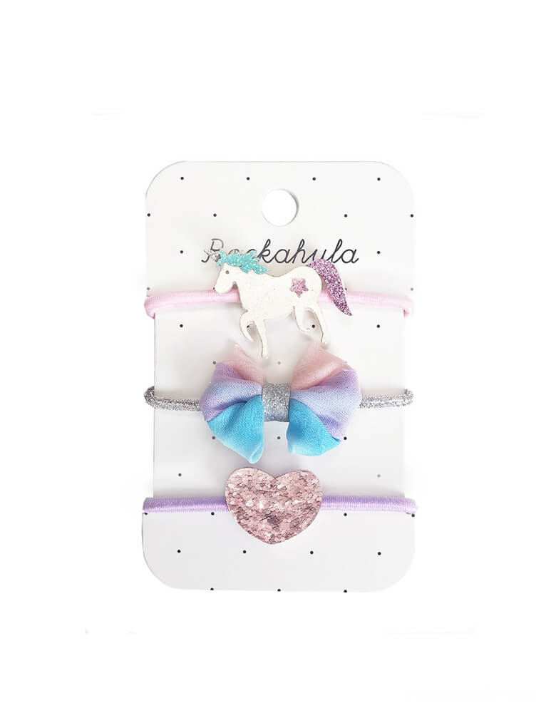 Rockahula Kids - Unicorn Glitter Ponies. Set of 3. Featuring a mythical glitter unicorn, a pastel multi-coloured bow, and a glitter heart.