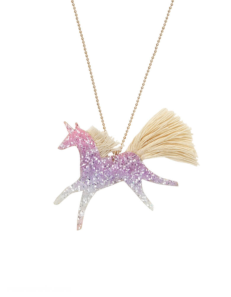 Meri Meri - 187234 Unicorn Ombre Glitter Necklace. This gorgeous ombre glittery unicorn necklace, with a sweet yarn mane and tail on a gold enamel bead chain, will make a truly fantastic gift.