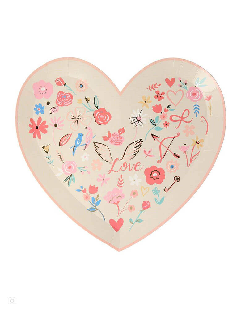 Meri Meri Valentine Heart Die Cut plates in cream color with beautiful soft pink illustrious of Valentine elements including doves, flowers, hearts, cupid bow and arrow in gold foil detail, they are perfect for a Valentine's Day meal, or any romantic celebration. 