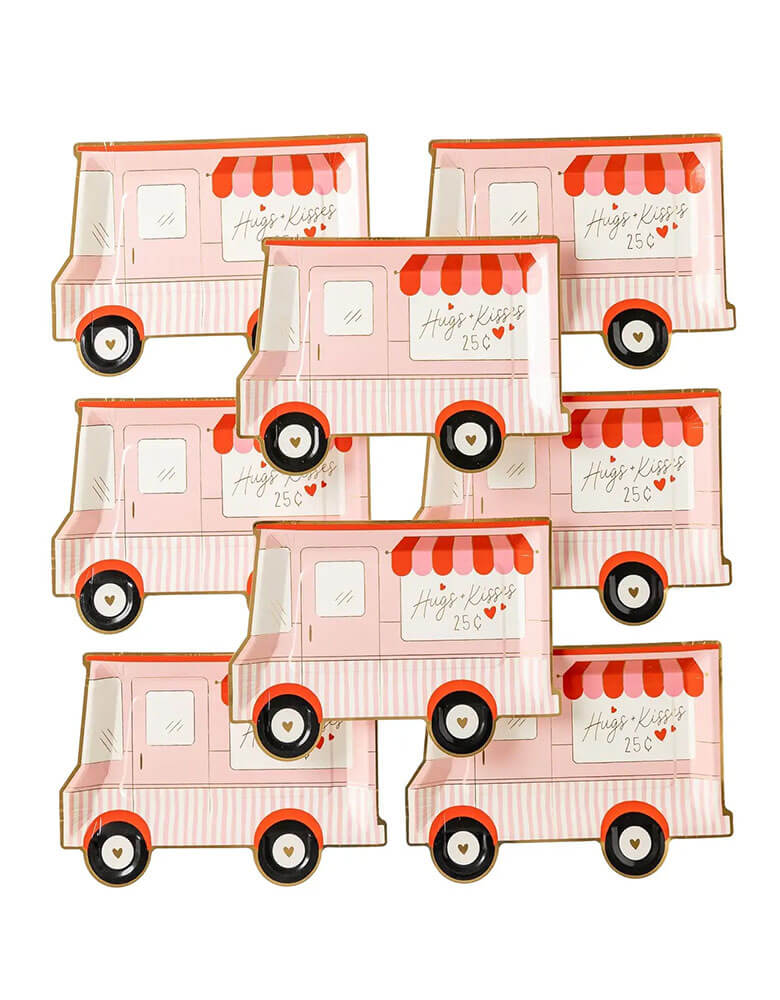 Momo Party's 9.5" x 7" love truck plates by My Mind's Eye, comes in a set of 8 truck shaped die cut plates,  featuring a whimsical truck design with gold foil accents, these party plates are the perfect addition to any sweet Valentine's goodie table. And at 10 inches these die cut Valentine truck plates are the best way to deliver homemade sugar cookies and cupcakes to your all of your Valentine this year!