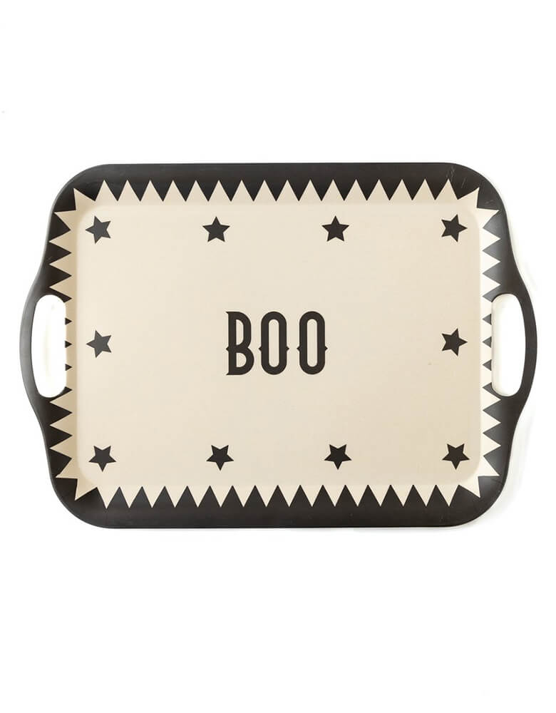 My Minds Eye - Vintage Halloween Bamboo Platter. This 16.5 x 11.5" inches made with bamboo fiber tray with handles, is Eco friendly and sustainable. Serve all of your spooky treats on this fun vintage Halloween inspired tray! It will be sure to delight all your little ghosts and goblins!