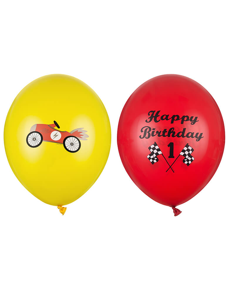Party Deco Vintage Race Car Latex Balloon Mix. featuring a race car design on a bright yellow latex and "happy birthday" text with #1 and flag on a red latex balloon