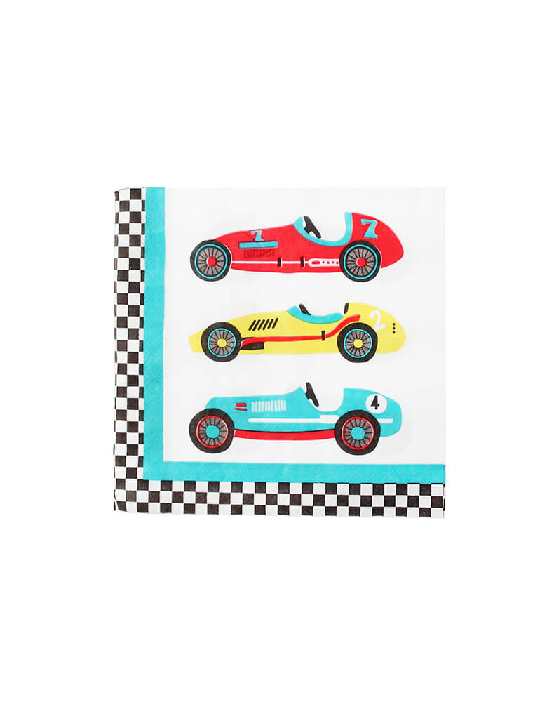 Merrilulu - Vintage Race Car Napkins. Featuring 3 bold color race cars in red, yellow and blue, and trophy design, with checkered pattern on the bottom edge, these race car themed napkins are perfect for race car parties.