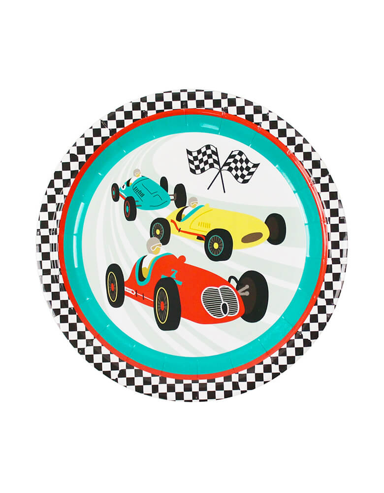 Merrilulu - Vintage Race Car Round Plates. Featuring 3 bold color race cars in red, yellow and blue, with checkered pattern round the edge, these 9inches race car themed plates are perfect for race car parties.