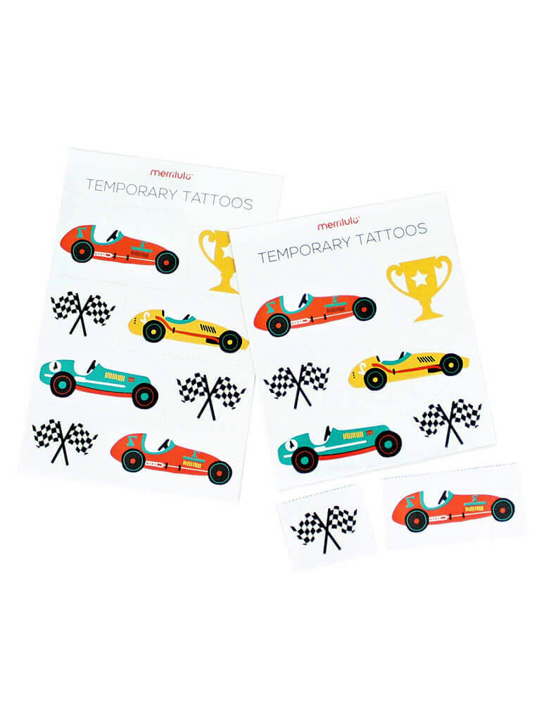Merilulu - Vintage Race Car Temporary Tattoos. These vintage race car temporary tattoos make perfect gift or party favors for your little race car fans!  Set of 16 tattoos in 5 designs of Race cars, black and white checkered flags, trophy 