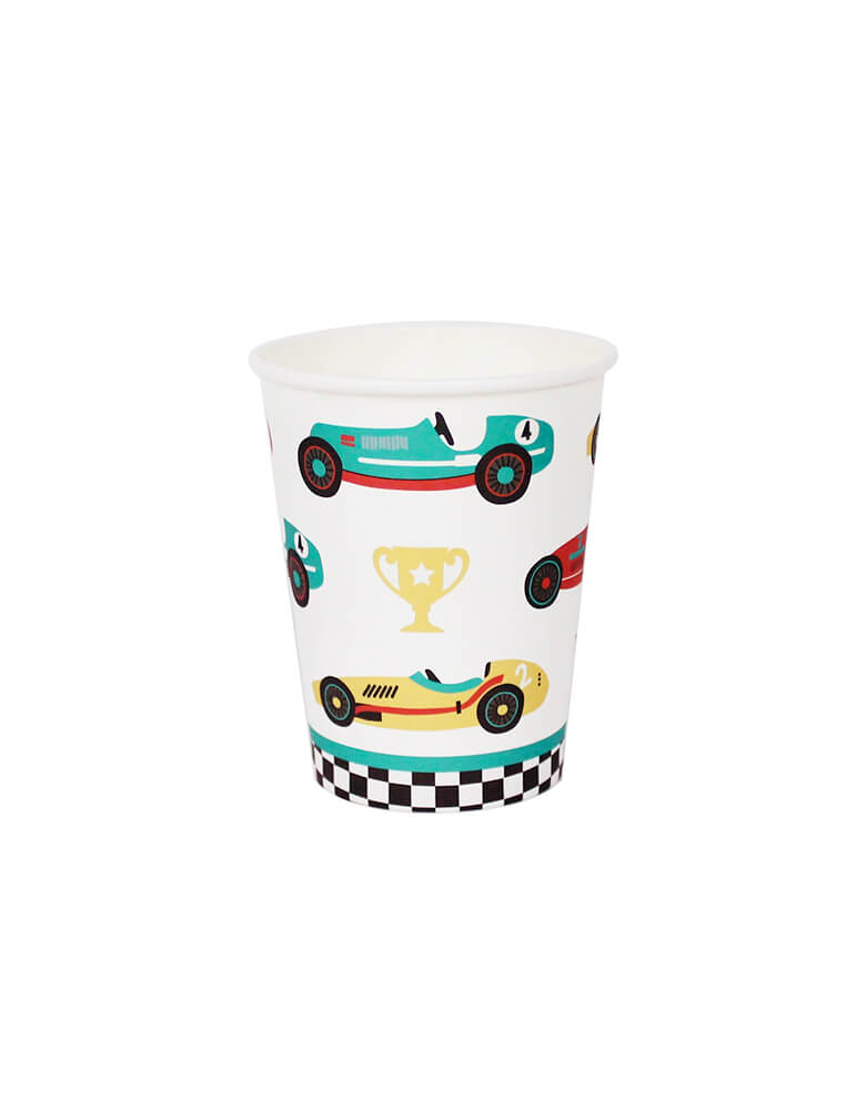 Merrilulu - Vintage Race Car Cups. Featuring bold colors race car and trophy design, with checkered pattern on the bottom edge, these race car themed cups are perfect for race car parties. 