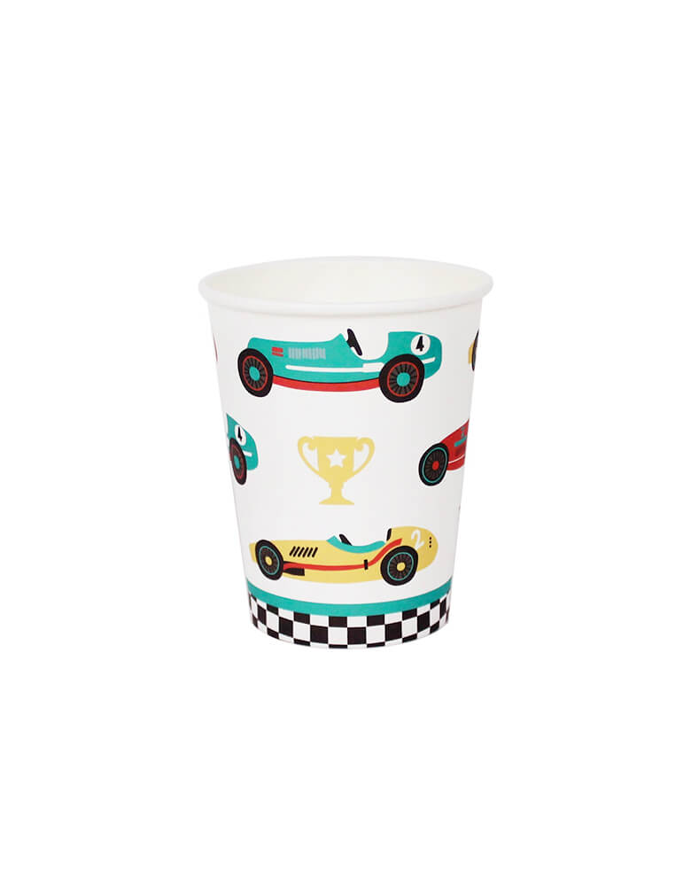 Merrilulu - Vintage Race Car Cups. Featuring bold colors race car and trophy design, with checkered pattern on the bottom edge, these race car themed cups are perfect for race car parties.