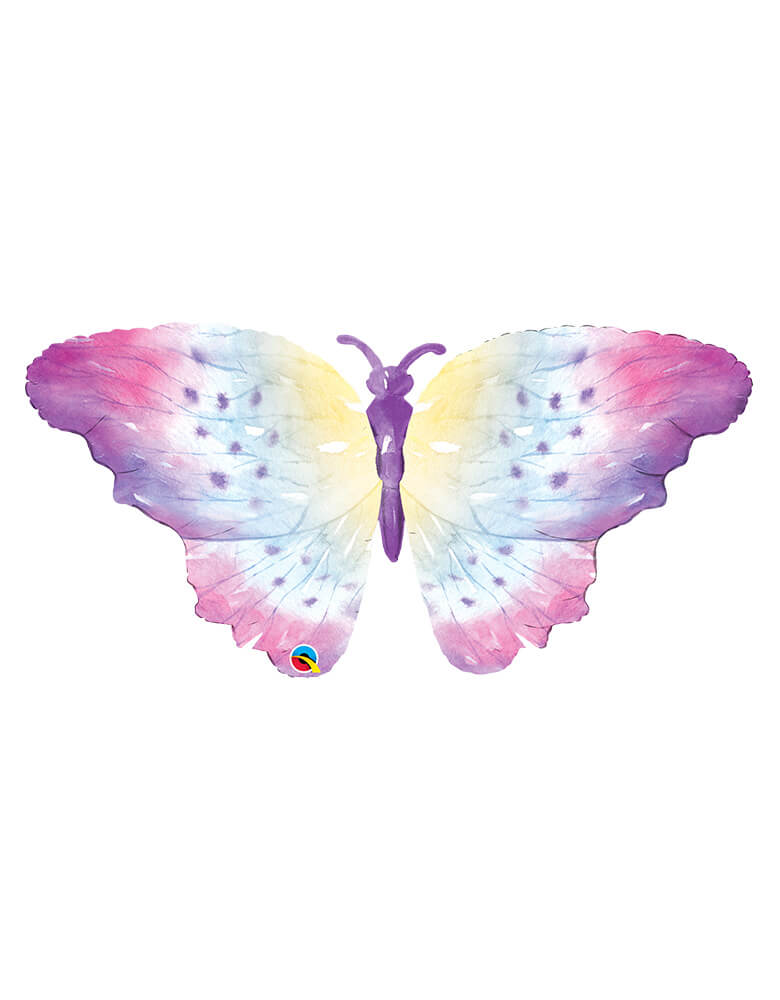 Momo Party's 44" Watercolor Butterfly Foil Mylar Balloon by Qualatex Balloons. In beautiful watercolor of pink, lilac and pastel yellow, it sets a perfect scene for kid's butterfly, fairy or garden themed party.