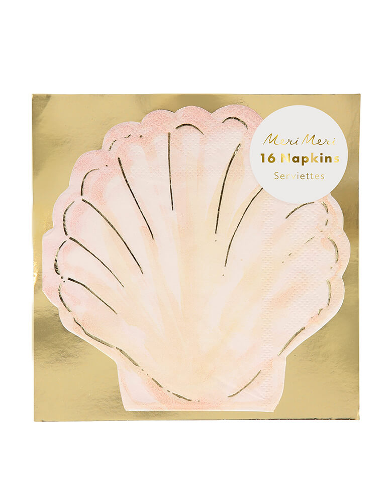 Meri Meri Watercolor Clam Shell Napkins. Pack of 16. Featuring a clam shell shape in a gold foil cardboard packaging, with lots of gorgeous gold foil detail for a shimmering effect.