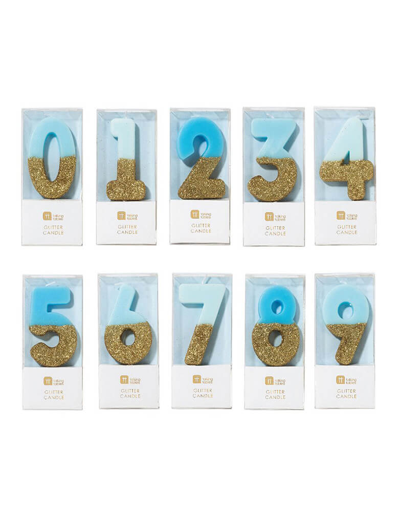 Talking Tables We Heart Birthday Blue Glitter Candle set with Number 0,1,2,3,4,5,6,7,8,9, candles in transparent box packaging
