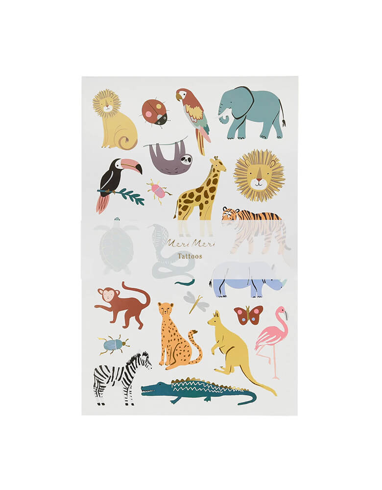 Momo Party's Wild Animals Tattoo Sheet set of 2 sheets by Meri Meri, featuring illustrations of lion, elephant, giraffe, leopard, zebra, alligator, tiger, toucan, monkey, snake, turtle, sloth, kangaroo, flamingo, makes a great goodie bag filler or a fun party activity.