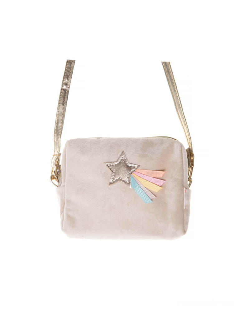 Rockahula Kids - Wish Upon A Star Bag. This beautiful cross body bag is the perfect for little star gazers! Featuring a pastel rainbow shooting star on a super soft velvet bag. Fully lined, with a zip closure and cross body strap with a break point for safety.