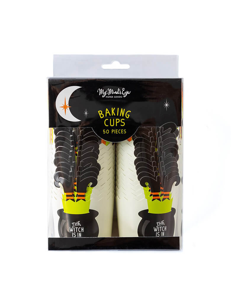 My Minds Eye PLCC458 - WITCH IS IN FOOD CUPS in a clear package. Pack of 50 in 2 designs. one with Witch Leg Stakes with "the witch is in" text in the Cauldron. another cups design in a mint, orange, white and black stripe design. These fun baking cups are perfect for baking Halloween cupcakes right in the oven.