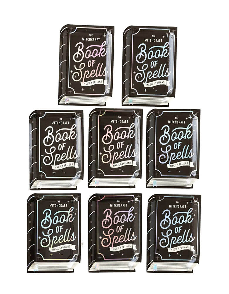 My mind's eye witching hours book of spells shaped plates, Featuring chilling holographic foil accents, these spellbook shaped plates are a perfect addition to any Halloween party and are sure to bewitch all of your favorite ghosts and ghouls!