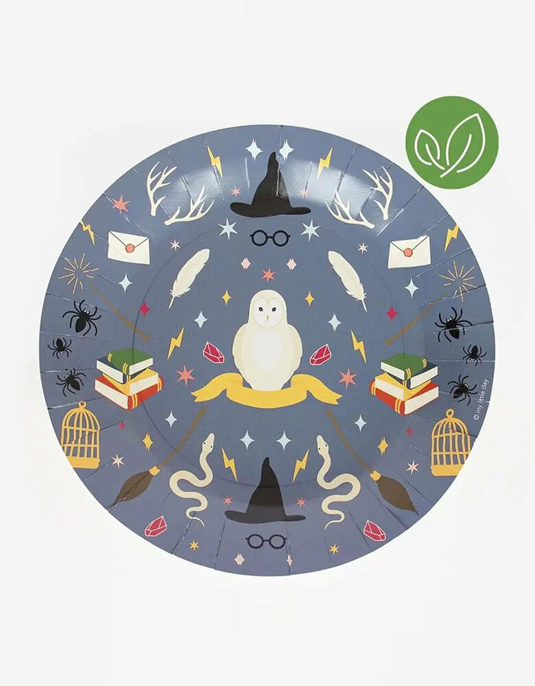 Momo Party's 8.66 x 8.66 inches wizard round plates, set of 8 by My Little Day, featuring Harry Potter inspired elements including an owl, wizard hats, spiders, and snakes potion books, they're perfect for kid's Harry Potter themed birthday parties or a wizard themed Halloween celebration.