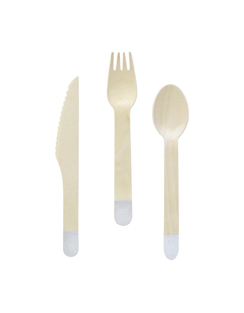 Silver Wooden Cutlery Set (Set of 24)