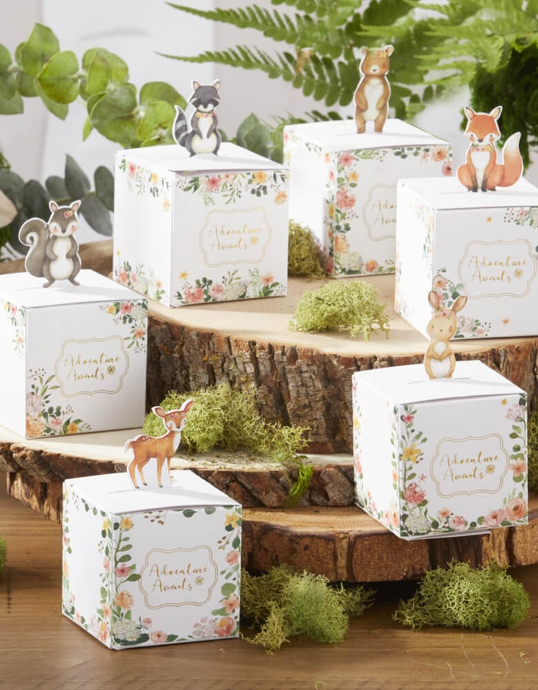 Woodland Baby Favor Boxes - Pink by Kate Aspen. This set comes with 6 different animal designs, and 4 of each design to make it a full set of 24.
