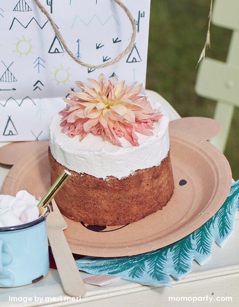 close up of Woodland Camping outdoor party with a flower cake on top of Meri Meri Bear Small Plates and tree Napkins, lets go explore party bags, a blue vintage with mini marshmallows