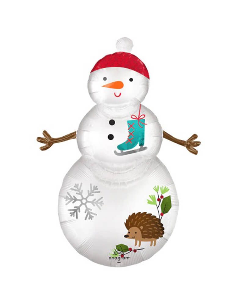 Anagram 38" satin woodland snowman foil balloon featuring an adorable snowman in a cute red beanie with winter themed illustrations including ice skate shoes, snowflake, Holly leaves on his body