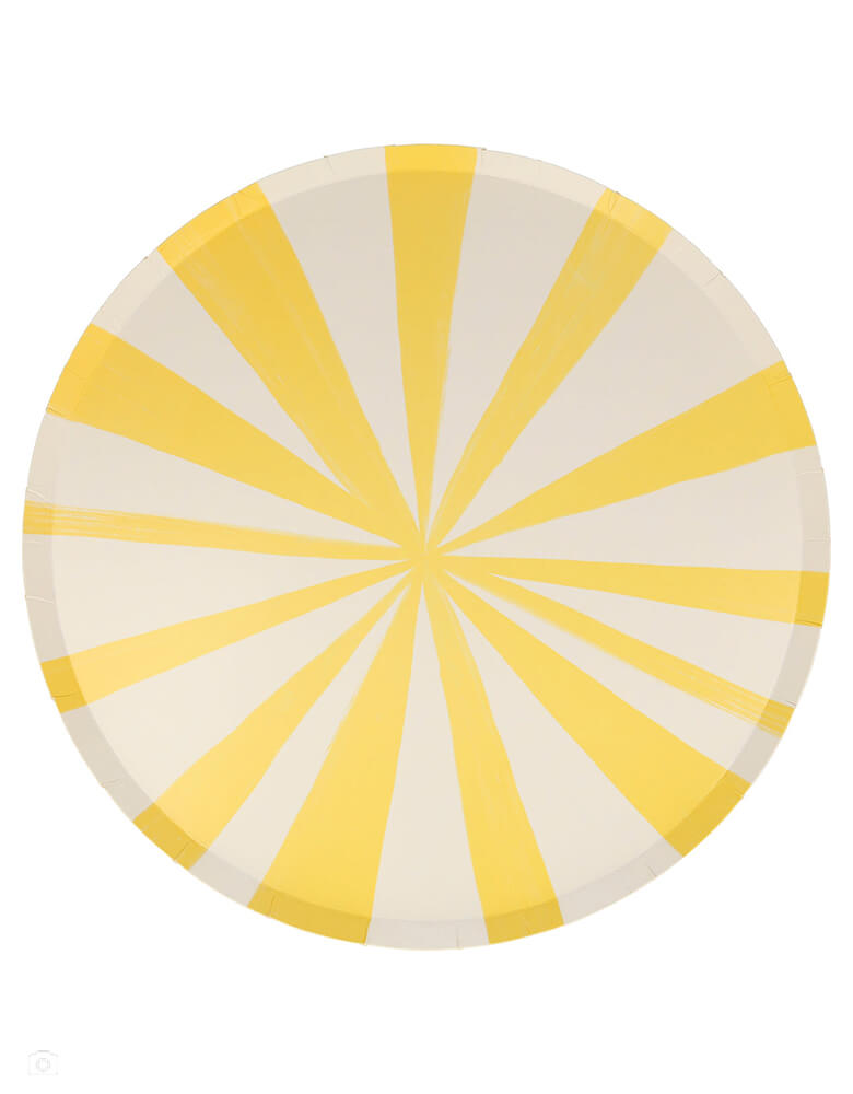 Yellow Stripe Dinner Plates by Meri Meri. These sensational round Dinner plates featuring yellow and white striped design. Stripes are a delightful way to add lots of color and style to any party table. These high quality, morden fun designed paper party wares are a delightful way to add lots of color and style to any party table