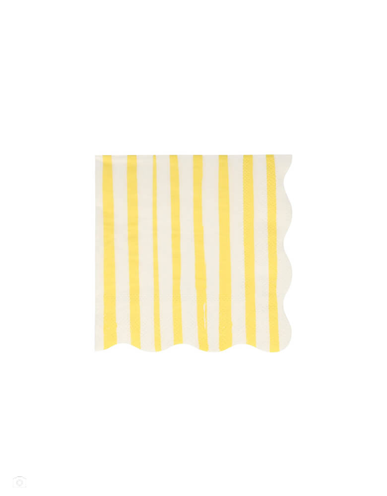Yellow Stripe Small Napkins by Meri Meri. These sensational napkins feature a stripes of color for a decorative effect and scalloped border. These Sunshine yellow Stripes are a delightful way to add lots of color and style to any party table.