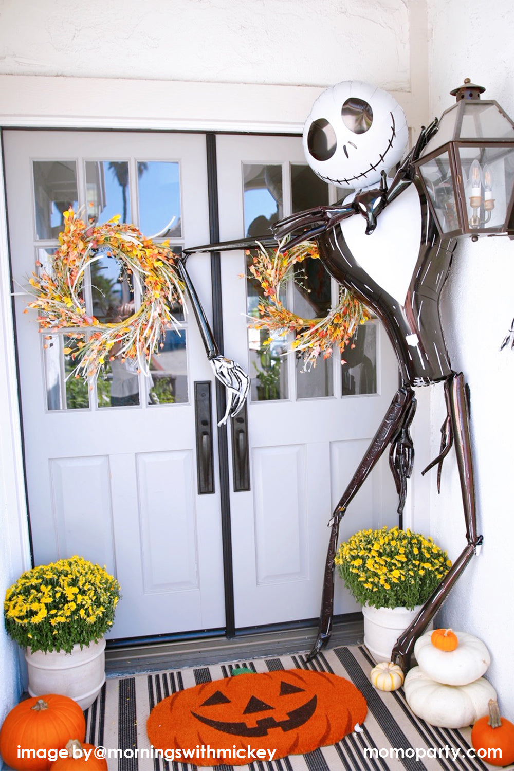 Anagram balloons - 38169 Jack Skellington AirWalkers® P93. This 84 inch The Night Before Christmas Jack Skellington Airwalker Foil Balloon standing in the front door with all the pumpkins around his foot, jack-o-lantern doormat, for a fun halloween season entry decoration.
