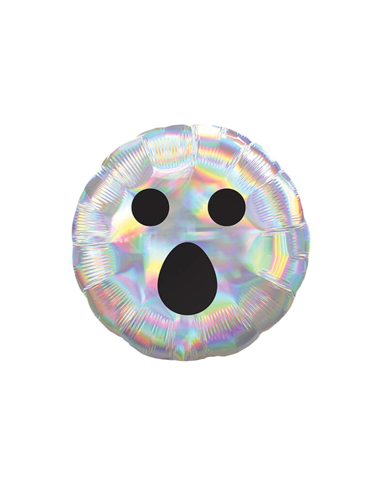Anagram Iridescent Ghost Face 18″ Balloon, Feathered black Ghost face over iridescent round foil balloon, fun backdrop decoration, balloon garland decorations, for kid Halloween party, party at home, Witch Party, Haunted House Party, nightmare before christmas Party