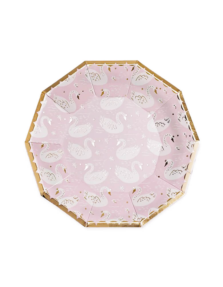 Daydream Society 9.5" Sweet Princess Swan Large Paper Plates Featuring blush pink and white paired with gold foil-pressed elements for a sweet princess party