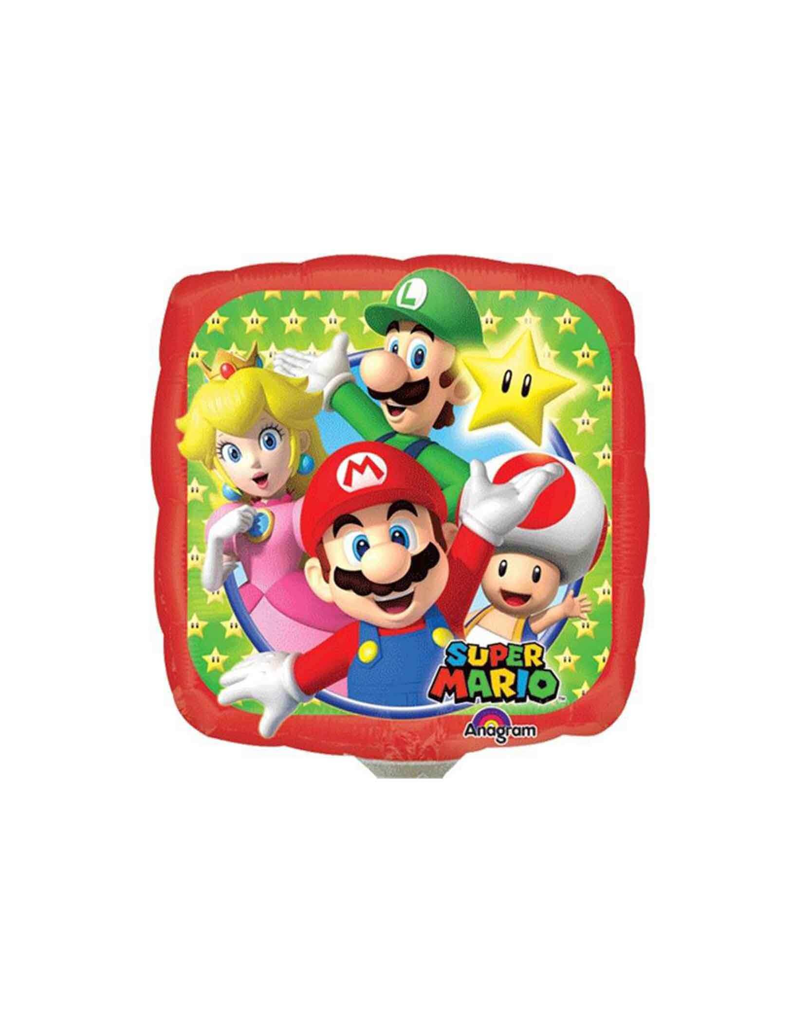 Momo Party's Junior Super Mario & Friends Foil Balloon by Anagram Balloons. Featuring Super Mario Brothers characters including Mario, Luigi, Super Star, Princess Peach and Toad. 
