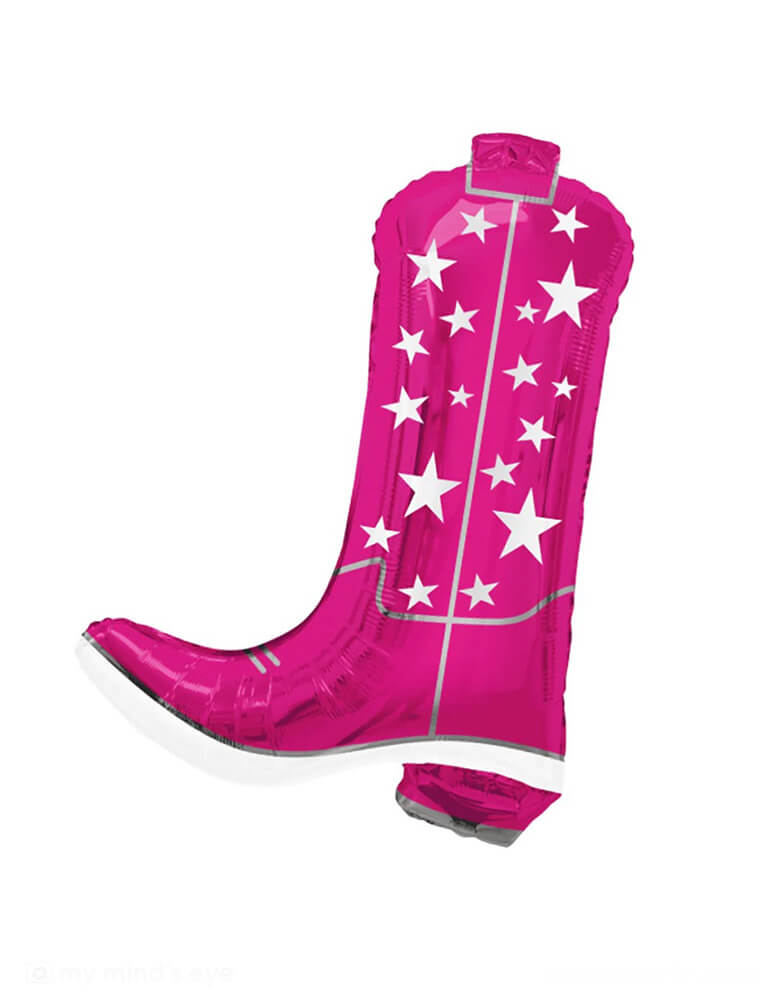 Momo Party's 26" Cowgirly Boot Shaped Foil Balloon by Tuflex Balloons. With a hot pink color and star designs on the boot, this foil balloon would be a perfect decoration to set the scene for a cowgirl, rodeo themed party. Unleash your inner cowgirl with this pink yeehaw of a balloon. Perfect for rodeo-themed parties or just a fun addition to any gathering, this boot-shaped foil balloon is sure to bring a smile to your face.