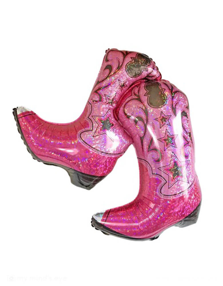 Momo Party's 36" Pink Dancing Cowboy Boots Shaped Foil Balloon by Betallic Balloons. Comes in two pink cowgirl boot shaped balloons with iridescent accents, they are perfect for a rodeo themed party or a cowgirl western Taylor Swift themed birthday.