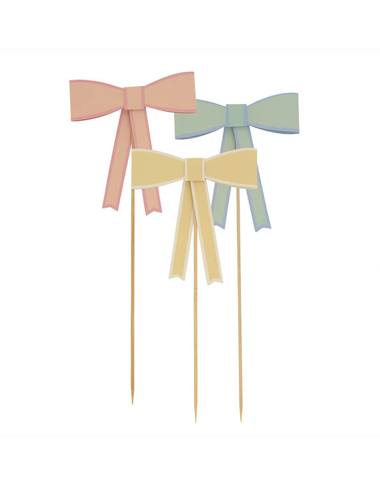 Momo Party's 3D bow cake toppers by Meri Meri. With three pastel colors, these cake toppers can instantly transform your cake into an on-trend masterpiece, also look wonderful on a savory food display too, to add another decorative dimension. Suitable for any celebration.