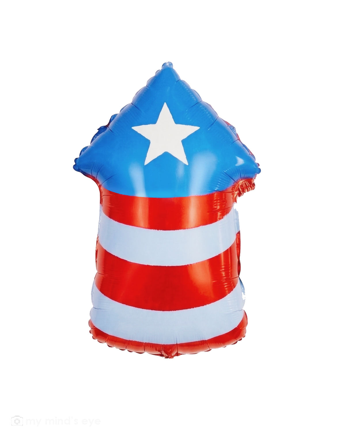Momo Party's 24" firecracker shaped foil balloon with USA flag design of blue, red, and white colors and a star on a white background.